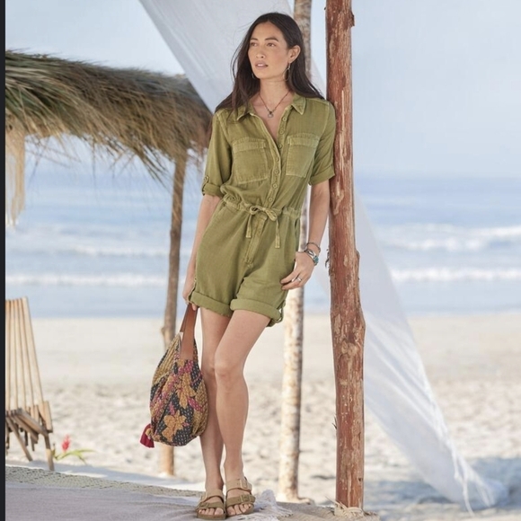 Sundance sz L Utility Cargo Jumpsuit Romper Army Green Drawstring Waist Wide Leg - Picture 1 of 13